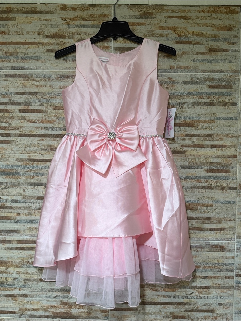 Bonnie Jean Pink Satin Bow-Tiered Party Dress